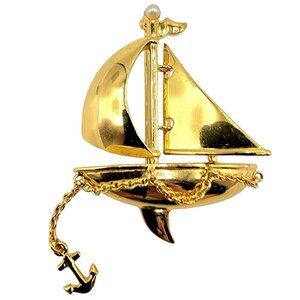 Carolee Gold-Tone Articulated Anchor Faux Pearl Sailboat Charm Brooch, Signed